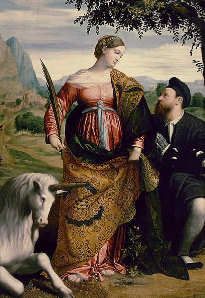 『一角獣を連れた聖ユスティナと寄贈者』　1530年頃から1534年頃の間　モレット・ダ・ブレシア　美術史美術館蔵
