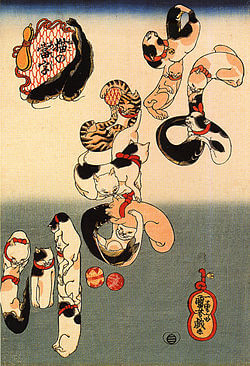 『猫の当字　なまづ』　1841年 - 1843年頃　歌川国芳　和泉市久保惣記念美術館蔵
