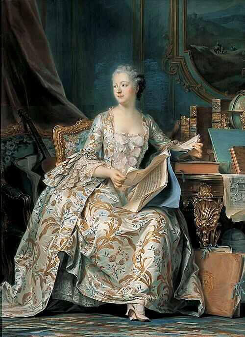 『ポンパドゥール侯爵夫人全身像』（ Portrait en pied de la marquise de Pompadour ）　1752年 – 1755年の間　モーリス＝カンタン・ド・ラ・トゥール　ルーヴル美術館蔵