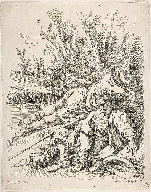 Two Boys Sleeping Besides a Tree フランソワ・ブーシェにちなむエッチング 1750年 - 1760年頃 マリー=ジャンヌ・ブーシェ メトロポリタン美術館蔵, Marie Jeanne Boucher (French, Paris 1716–1785), The Metropolitan Museum of Art