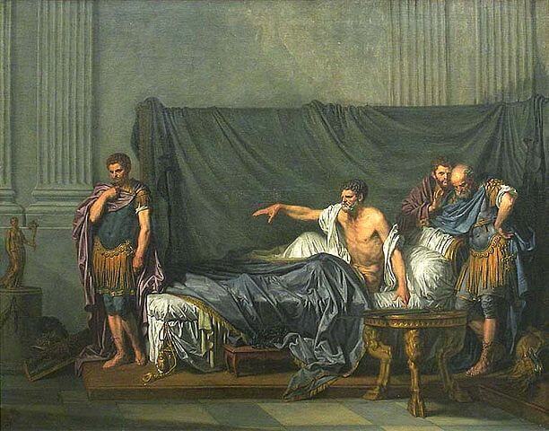 L'Empereur Sévère reproche à Caracalla, son fils, d'avoir voulu l'assassiner, dit aussi : Septime Sévère et Caracalla., 1769, Greuze, Jean-Baptiste, INV 5031 ; MR 1775, Hauteur : 1,24 m ; Hauteur avec accessoire : 1,51 m ; Largeur : 1,6 m ; Largeur avec accessoire : 1,855 m, huile sur toile, Musée du Louvre, Département des Peintures, 『セプティミウス・セウェルス帝とカラカラ』　1769年　ジャン＝バティスト・グルーズ　ルーヴル美術館蔵