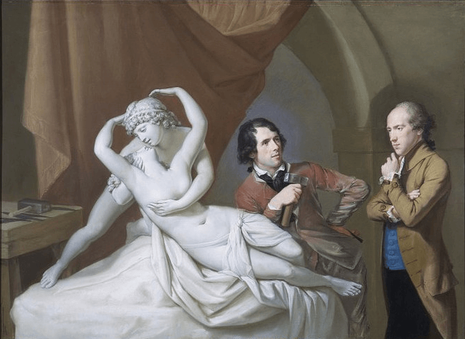 Antonio Canova in his studio with Henry Tresham and a plaster model for Cupid and Psyche, Pastel, Hamilton, Hugh Douglas (artist), 1788-1791 (made), Accession number E.406-1998, Victoria and Albert Museum, 『工房のアントニオ・カノーヴァとヘンリー・トレシャム』 1788 - 1791年頃 ヒュー・ダグラス・ハミルトン ヴィクトリア&アルバート美術館蔵