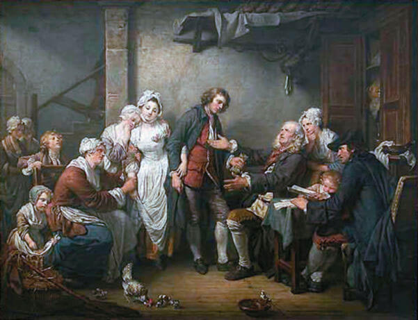 L'Accordée de village., 1761, Greuze, Jean-Baptiste, INV 5037 ; MR 1774, Hauteur : 0,92 m ; Hauteur avec accessoire : 1,2 m ; Largeur : 1,17 m ; Largeur avec accessoire : 1,475 m ; Epaisseur avec accessoire : 7,7 cm, huile sur toile, Louis XVI, roi de France, Collectionneur, Musée du Louvre, Département des Peintures, 『村の花嫁』　1761年　ジャン＝バティスト・グルーズ　ルーヴル美術館蔵