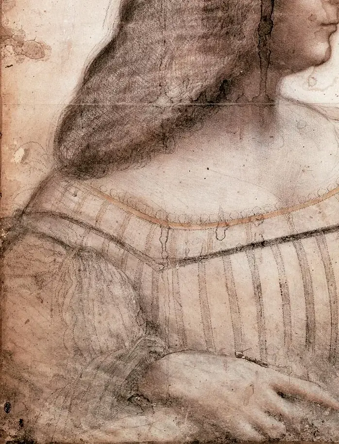 Portrait d'Isabelle d'Este, vers 1499/1500, vers 1499/1500, MI 753, Recto, H. 0,61 m ; L. 0,465 m, L'œuvre est visible sur rendez-vous en salle de consultation des Arts graphiques, 『イザベラ・デステの肖像』　61 × 46.5 cm　1499年 - 1500年頃　レオナルド・ダ・ヴィンチ　ルーヴル美術館蔵