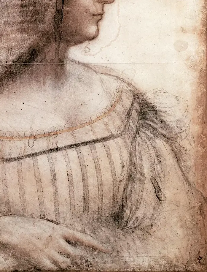 Portrait d'Isabelle d'Este, vers 1499/1500, vers 1499/1500, MI 753, Recto, H. 0,61 m ; L. 0,465 m, L'œuvre est visible sur rendez-vous en salle de consultation des Arts graphiques, 『イザベラ・デステの肖像』　61 × 46.5 cm　1499年 - 1500年頃　レオナルド・ダ・ヴィンチ　ルーヴル美術館蔵