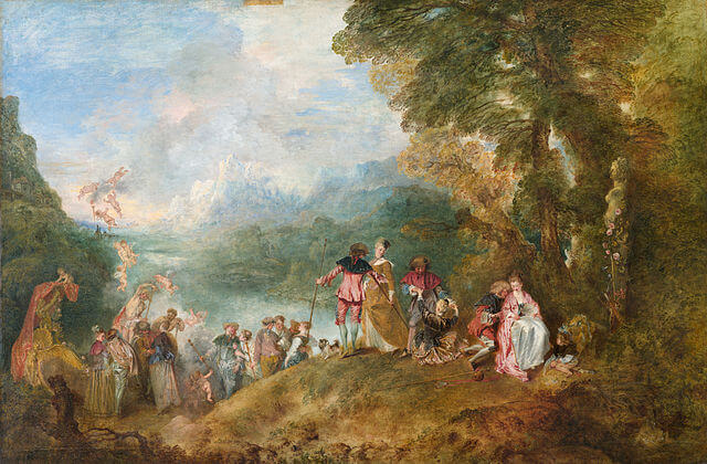 Pèlerinage à l'île de Cythère, 1717, Watteau, Jean-Antoine, INV 8525 ; MR 2726, huile sur toile, Musée du Louvre, Département des Peintures, 『シテール島への巡礼』　129 × 194 cm　1717年　アントワーヌ・ヴァトー　ルーヴル美術館蔵