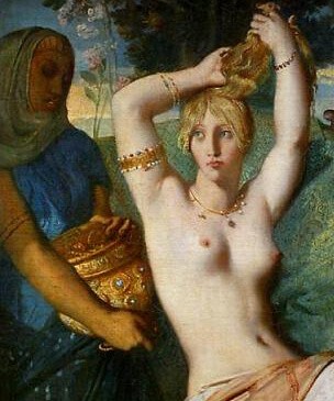 『エステルの化粧』（ Esther se parant pour être présentée au roi Assuérus, dit aussi La toilette d'Esther ）　45 cm× 35 cm　1841年　テオドール・シャセリオー　ルーヴル美術館蔵