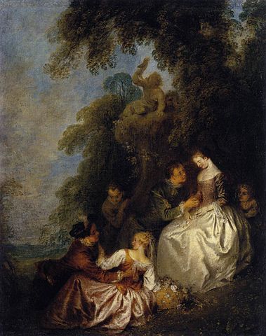 Conversation galante dans un parc, dit aussi La Pomme d'amour, vers 1720, Pater, Jean-Baptiste, 48 cm ; 39 cm; MI 1097, huile sur toile, Musée du Louvre, Département des Peintures, 『気を引く会話』　48 × 39 cm　1720年頃　ジャン＝バティスト・パテル　ルーヴル美術館蔵