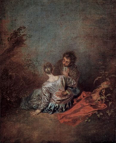 Le Faux-Pas, 1716 / 1718, Watteau, Jean-Antoine, 40 cm；31 cm, huile sur toile, MI 1127, Musée du Louvre, Département des Peintures, 『幸運な事故』　1716年 - 1718年　アントワーヌ・ヴァトー　ルーヴル美術館蔵