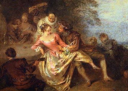 Réunion d'acteurs de la Comédie italienne dans un parc, 1700 / 1750, Pater, Jean-Baptiste, MI 1095, 24 × 32 cm, huile sur toile, Musée du Louvre, Département des Peintures, 『イタリア喜劇の役者たちの集い』　18世紀前半　ジャン=バティスト・パテル　ルーヴル美術館蔵
