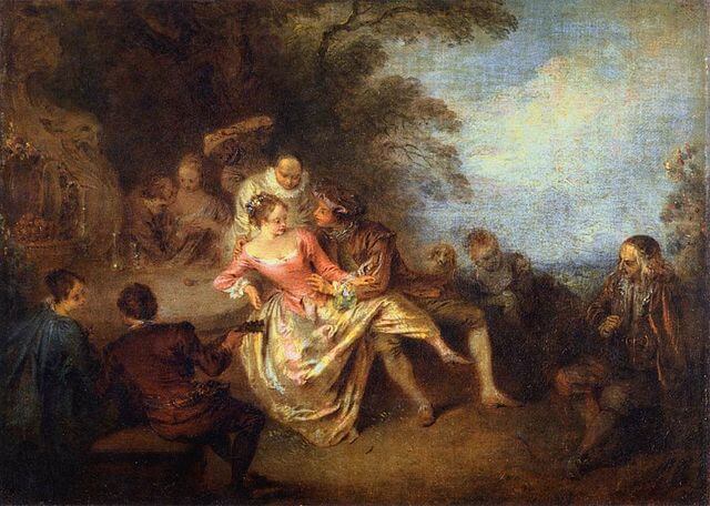 Réunion d'acteurs de la Comédie italienne dans un parc, 1700 / 1750, Pater, Jean-Baptiste, MI 1095, 24 × 32 cm, huile sur toile, Musée du Louvre, Département des Peintures, 『イタリア喜劇の役者たちの集い』　18世紀前半　ジャン=バティスト・パテル　ルーヴル美術館蔵