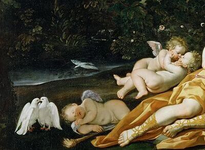 『リナルドとアルミーダ』（ Renaud présentant un miroir à Armide, 1600 / 1625, Dominiquin (Domenico Zampieri, dit Il Domenichino, ou Le), Louvre ）　121 × 168 cm　1600年 - 1625年頃　ドメニキーノ　ルーヴル美術館蔵