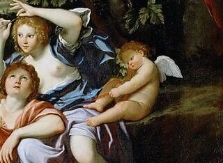 『リナルドとアルミーダ』（ Renaud présentant un miroir à Armide, 1600 / 1625, Dominiquin (Domenico Zampieri, dit Il Domenichino, ou Le), Louvre ）　121 × 168 cm　1600年 - 1625年頃　ドメニキーノ　ルーヴル美術館蔵