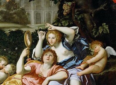 『リナルドとアルミーダ』（ Renaud présentant un miroir à Armide, 1600 / 1625, Dominiquin (Domenico Zampieri, dit Il Domenichino, ou Le), Louvre ）　121 × 168 cm　1600年 - 1625年頃　ドメニキーノ　ルーヴル美術館蔵