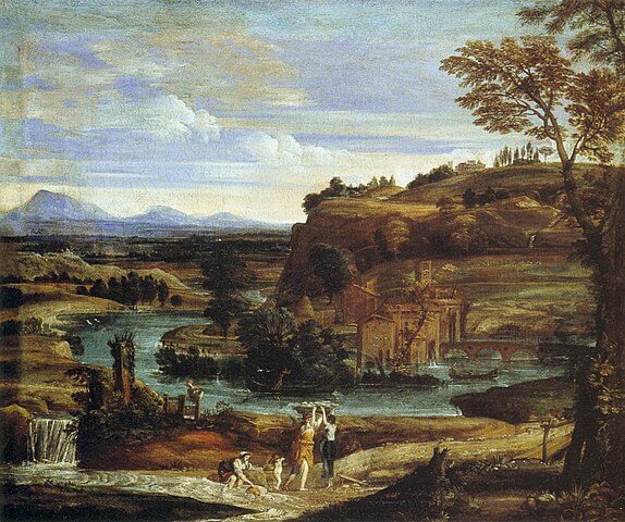 Paysage avec laveuses de linge, 1625 / 1650, Dominiquin (Domenico Zampieri, dit Il Domenichino, ou Le), Louvre 57 × 68 cm 1625年 - 1650年頃 ドメニキーノ ルーヴル美術館蔵