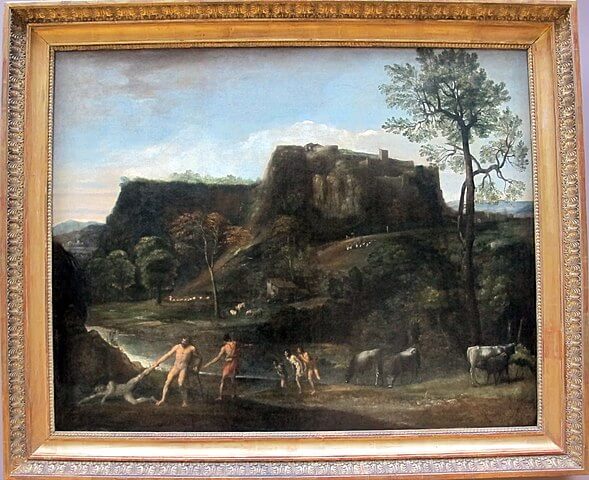『洞窟からカクスを引っ張り出すヘラクレス』( Paysage avec Hercule tirant Cacus de sa caverne, 1600 / 1625, Dominiquin (Domenico Zampieri, dit Il Domenichino, ou Le),Louvre ) 119 × 150 cm 1600年 - 1625年頃 ドメニキーノ ルーヴル美術館蔵