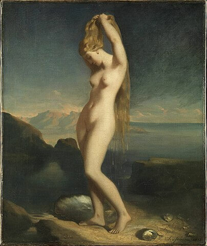 『海から上がるヴィーナス』（ Vénus anadyomène, dite aussi Vénus marine ）　65 × 55 cm　1838年　テオドール・シャセリオー　ルーヴル美術館蔵