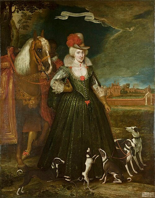 Anne of Denmark (1574-1619) and a Groom Signed and dated 1617, Paul van Somer (c. 1576-1621), Oil on canvas | 265.5 x 209.0 cm (support, canvas/panel/stretcher external) | RCIN 405887, Anne of Denmark, Queen of Great Britain (1574-1619), the Royal Collection, 『ジェイムズ1世王妃アン』 1617年 パウル・ファン・ソーメル ロイヤル・コレクション(ハンプトン・コート宮殿)蔵