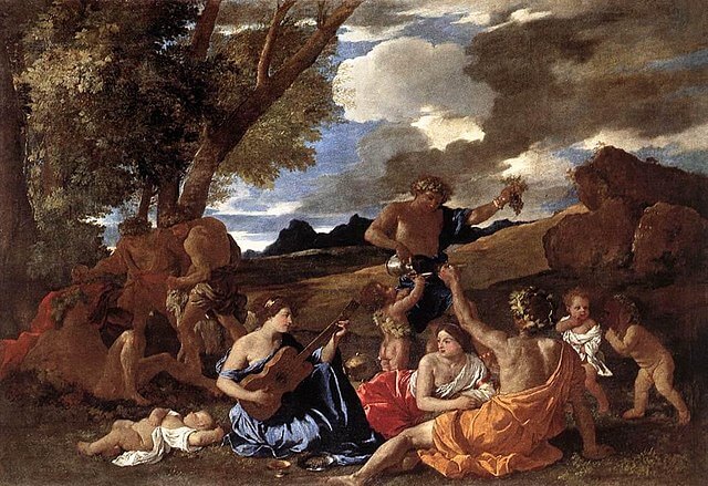 『ギターを演奏する女のいるバッカス祭』（ Bacchanale à la joueuse de guitare ）　1625年頃　ニコラ・プッサン　ルーヴル美術館蔵