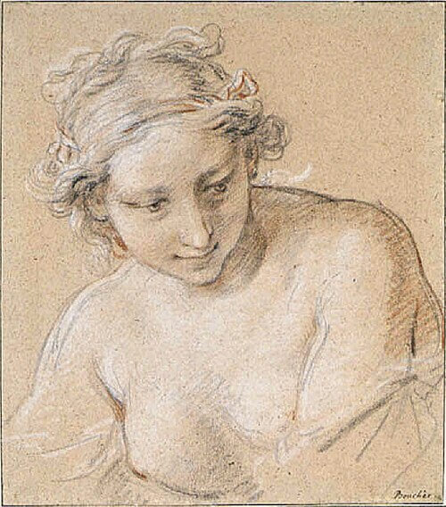 Ung kvinna, bröstbild / Head and Shoulders of a Young Woman, François Boucher (1703 - 1770), Svart, röd och vit krita på brunaktigt papper, h x b: Mått 30 x 26,5 cm, Inventarienummer NMH 2942/1863, Utställningstext: Teckningen är en studie till en nymf i Bouchers målning Diana stiger ur badet, 1742 (Musée du Louvre)., Papper, Krita, Teckning, Nationalmuseum, 若い女性の頭部と肩(ルーヴル美術館収蔵『ディアナの水浴』(1742年)のための習作) 紙にチョーク フランソワ・ブーシェ スウェーデン国立美術館蔵