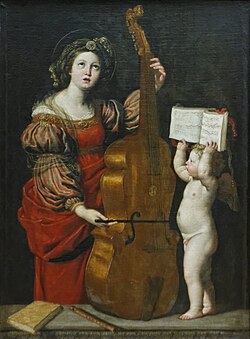 『聖セシリアと楽譜を持った天使』( Sainte Cécile avec un ange tenant une partition musicale, Domenico Zampieri, Louvre) 160 × 120 cm 1600年 - 1625年頃 ドメニキーノ ルーヴル美術館蔵