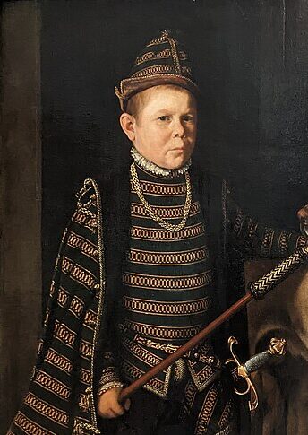 『グランヴェル枢機卿の道化師』（ Portrait du nain du cardinal de Granvelle tenant un chien ）　1500年 - 1600年　アントニス・モル　ルーヴル美術館蔵