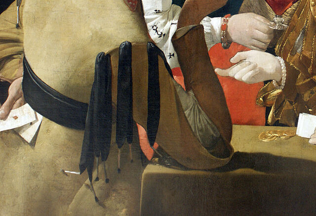 『ダイヤのエースを持ったいかさま師』（部分）　1635年頃　ジョルジュ・ド・ラ・トゥール　ルーヴル美術館蔵