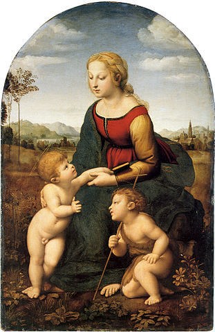 La Vierge à l'Enfant avec le petit saint Jean Baptiste, La Belle Jardinière, 1507 / 1508, Santi, Raffaello, dit Raphaël, INV 602 ; MR 433, 122 × 80 cm, huile sur bois (peuplier), 1e quart du XVIe siècle (vers 1507 - 1508), ? Taddeo Taddei, Florence ; ? François Ier, Fontainebleau., Musée du Louvre, Département des Peintures, 『美しき女庭師』　122 × 80 cm　1507 – 1508年　ラファエロ・サンツィオ　ルーヴル美術館蔵