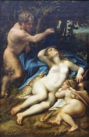 『眠れるヴィーナスとキューピッド、サテュロス』　1524年－1527年の間　コレッジョ　ルーヴル美術館蔵