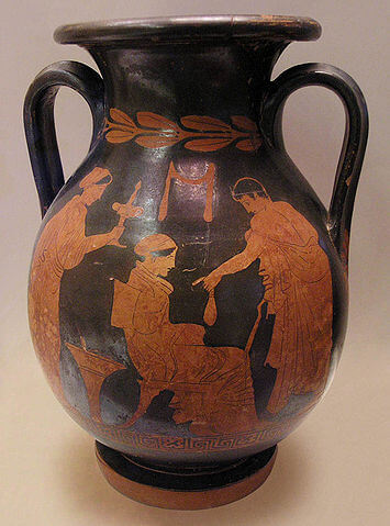 若い男性がヘタイラに財布を差し出しているところ　紀元前430年頃　アテネ国立考古学博物館蔵
