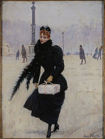 『コンコルド広場のパリジェンヌ』（ Parisienne place de la Concorde ）　1885年頃　ジャン・ベロー　カルナヴァレ美術館蔵