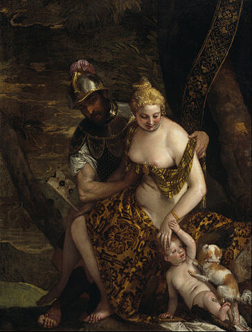『ヴィーナスの着物を脱がすマルス』（ Venus, Cupid and Mars ）　1580年頃　パオロ・ヴェロネーゼ　スコットランド国立美術館蔵