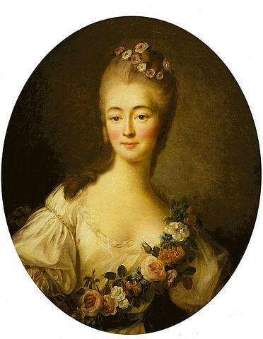 『フローラに扮したデュ・バリー夫人』（ Portrait de la comtesse Du Barry en Flore ）　1769年　フランソワ＝ユベール・ドルーエ　ヴェルサイユ宮殿