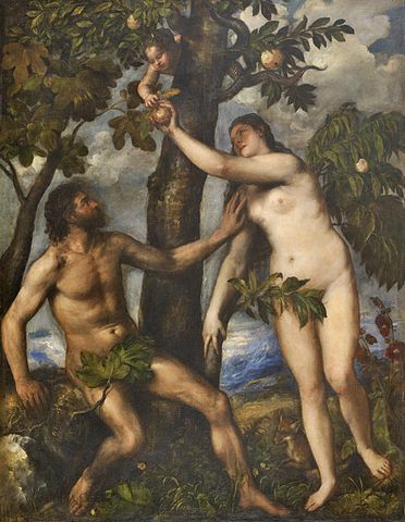 『アダムとイヴ』（ Adán y Eva ）　1550年頃　ティツィアーノ・ヴェチェッリオ　プラド美術館蔵