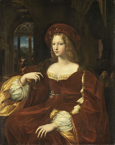 A portrait of a woman sitting, about three quarters to the left. She is wearing a red costume, possibly clothes of a queen. In the background, there is a window showing Naples. / Portrait de Dona Isabel de Requesens, vice-reine de Naples, dit longtemps Portrait de Jeanne d’Aragon (1550-1577) , 1518, Santi, Raffaello, dit Raphaël, Giulio Romano (Giulio Pippi, dit aussi Jules Romain), INV 612 ; MR 434, Hauteur : 1,2 m ; Hauteur avec accessoire : 1,37 m ; Largeur : 0,95 m ; Largeur avec accessoire : 1,59 m, huile sur toile (transposition (de bois sur toile)), Collection de François Ier, offert en 1518 par le cardinal Bibbiena., Musée du Louvre, Département des Peintures, 『イサベル・デ・レケセンス・イ・エンリケス・デ・ベラスコの肖像』　1518年　ラファエロ、ジュリオ・ロマーノ　ルーヴル美術館蔵