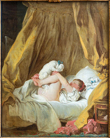 『ベッドで子犬と戯れる娘』　1770年頃　ジャン・オノレ・フラゴナール　アルテ・ピナコテーク蔵