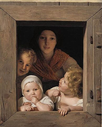 『窓辺の若い農婦とその子供』（ Junge Bäuerin mit drei Kindern im Fenster ） 　1840年　フェルディナント・ゲオルク・ヴァルトミュラー　ノイエ・ピナコテーク蔵