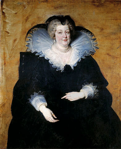 妻ヘンリエッタの母で、フランス国王アンリ4世妃。マリー・ド・メディシス（1575年－1642年）　1622年　ルーベンス　プラド美術館蔵