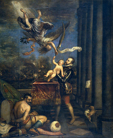 『フェルナンド王子を天に捧げるフェリペ2世』　1573年頃　ティツイアーノ　プラド美術館蔵