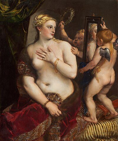 『鏡を見るヴィーナス』（ Venus with a Mirror ）　1555年頃　ティツィアーノ・ヴェチェッリオ　ナショナル・ギャラリー・オブ・アート蔵