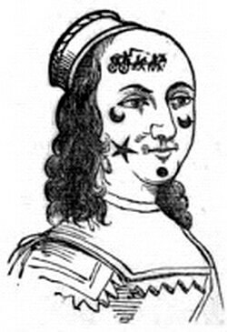 女性の顔に貼られたパッチ（つけぼくろ）Patches on Lady's Face, From "The Artificial Changeling,'" date 1630　1865年　John Cassell　The title is the same as the image caption above and in "Cassell's Illustrated History of England, Volume 3". The number shown is the page number. Follow the image link to the full book vol.3.