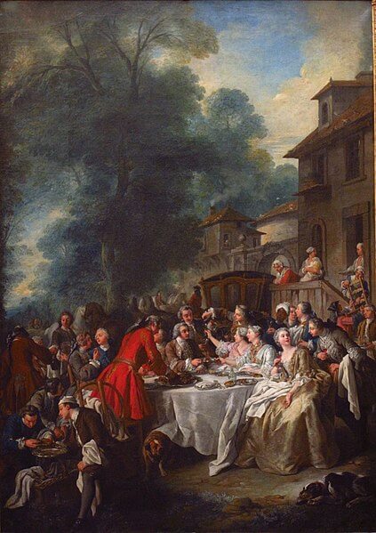 『狩の食事』（ Le Repas de Chasse' aussi dit 'Le déjeuner de Chasse ）　1737年　ジャン＝フランソワ・ド・トロワ　ルーヴル美術館蔵
