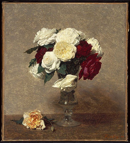 『ガラスの花瓶に入った薔薇』（ Roses in a Glass Vase ）　1890年　アンリ・ファンタン＝ラトゥール　ボストン美術館蔵