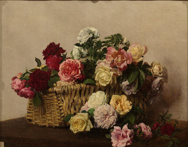 『薔薇の入ったバスケット』（ A Basket of Roses ）　1885年　アンリ・ファンタン＝ラトゥール　グルベンキアン美術館蔵