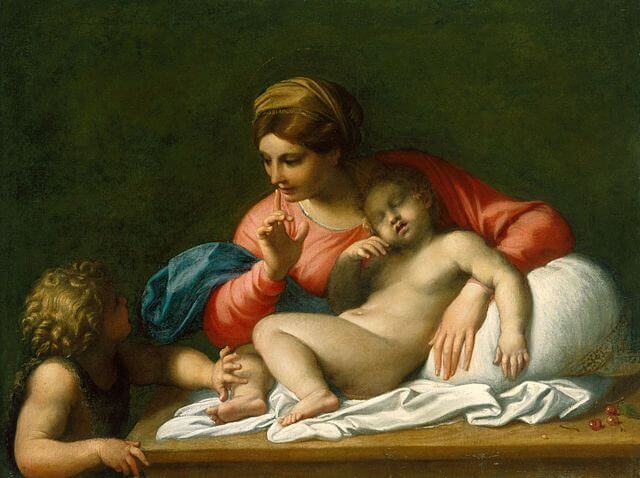 『聖母子と洗礼者聖ヨハネ (「沈黙」)」　1599年－1600年頃　アンニ―バレ・カラッチ　ハンプトンコート宮殿蔵