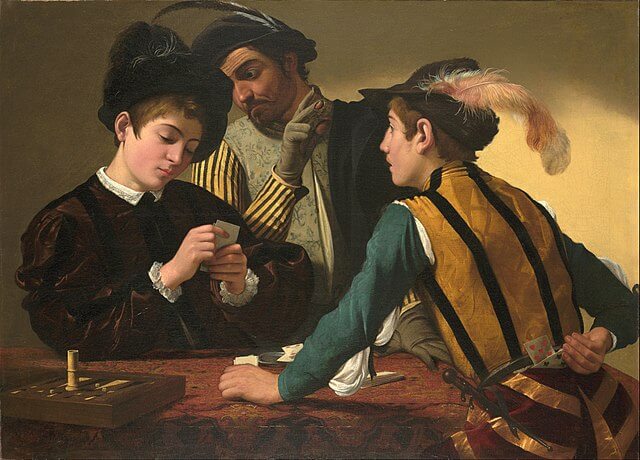 『トランプ詐欺師』（ いかさま師、The Cardsharps ）　1594年頃　カラヴァッジォ　キンベル美術館蔵