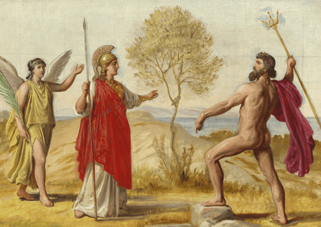 Pallas Athene, followed by the god of victory Nike, disputes with Poseidon.　1851年頃　コンスタンティン・ハンセン