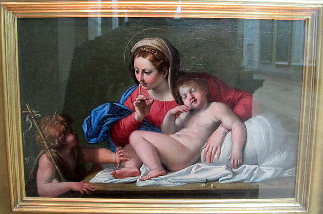 『聖母子と聖ヨハネ（「沈黙」または「カラッチの沈黙」）』　38 × 47 cm　1605年頃　ドメニキーノ　ルーヴル美術館蔵