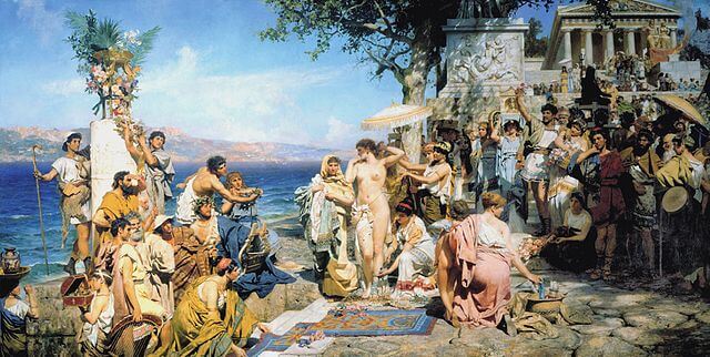 『エレウシスにおけるポセイドニアのフリュネ』（ Phryne at the Poseidonia in Eleusis ）　1889年　ヘンリク・シェミラツキ　ロシア美術館蔵
