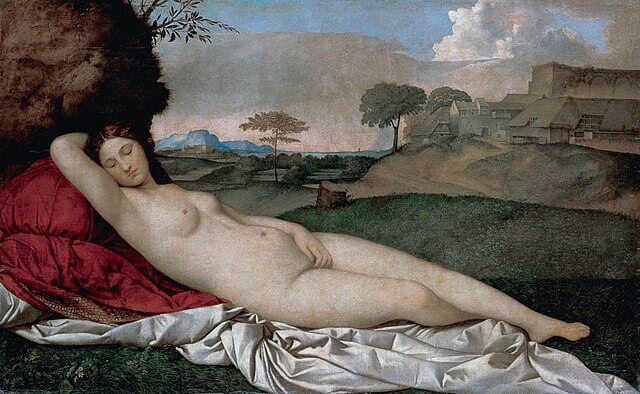 『眠れるヴィーナス』　1508年　ジョルジョーネ　アルテ・マイスター絵画館（ドレスデン美術館）